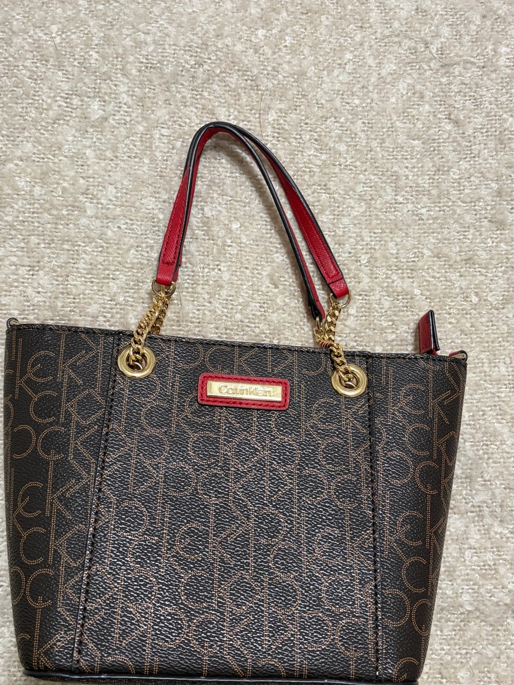 Calvin Klein Brown Monogram Tote with Red Accents